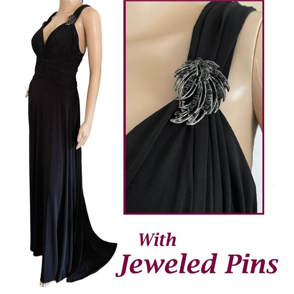 Elegant JS Boutique Black Evening Gown Size 8 w/Train and Jeweled Pins on Straps - Picture 2 of 10